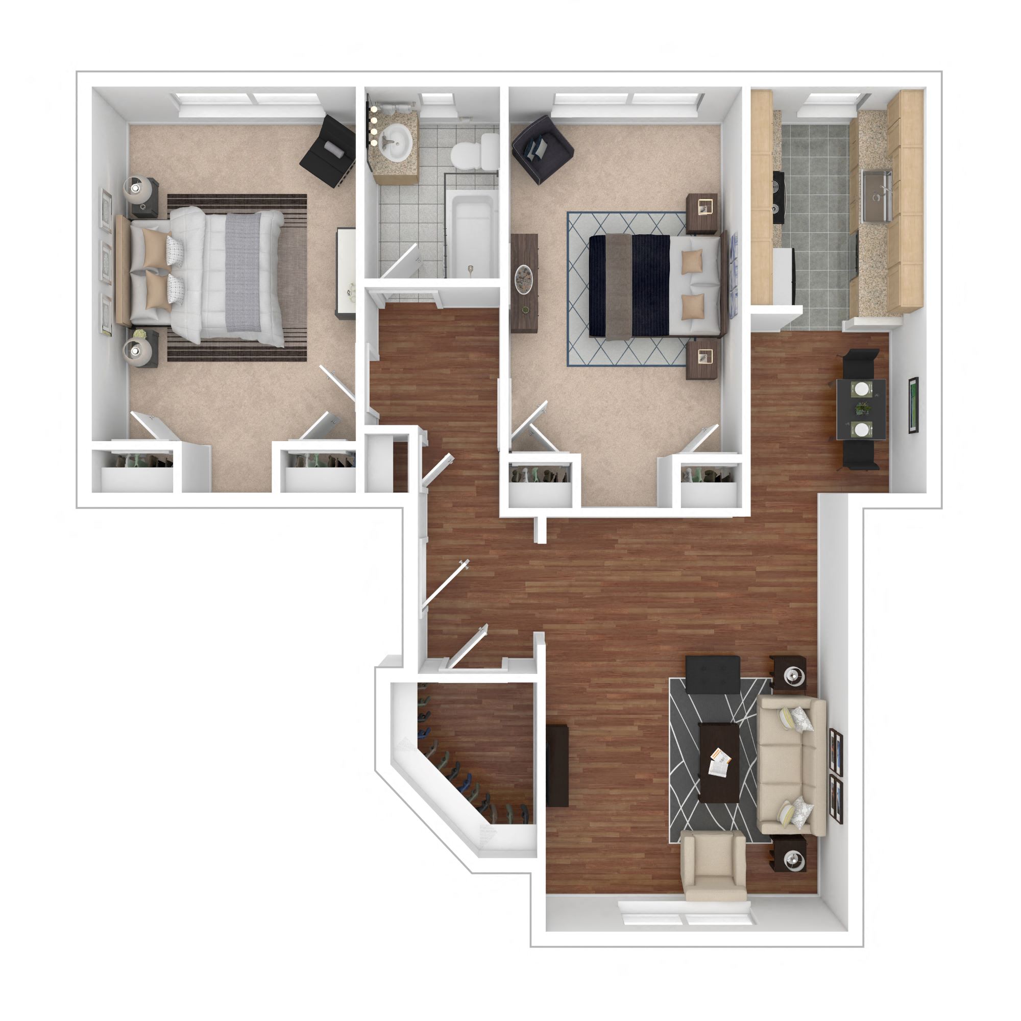 Floor plan for 2 beds, 1 bath, 910 sqft